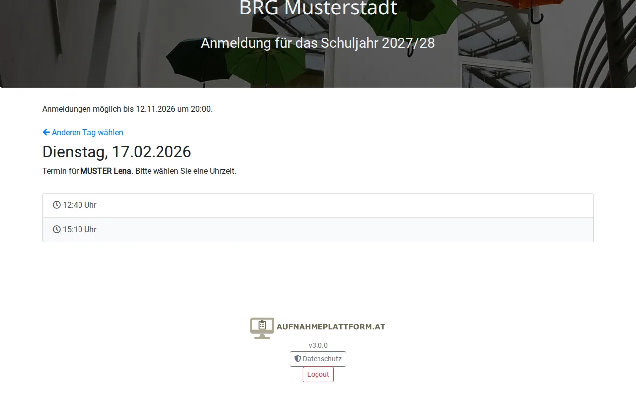 Auswahl freier Termine für ein Kind