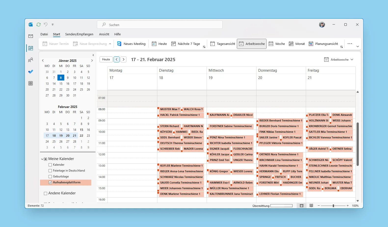 Outlook-Kalender mit den gebuchten Aufnahmegesprächen einer Woche